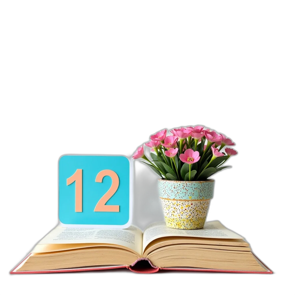 flower, 3d render, stack, books, potted, plant, top, placed transparent PNG cut-out