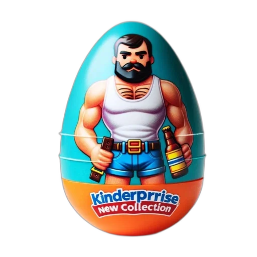 3d render, photorealistic, image, showcases, kinderprise, egg, muscular, man transparent PNG cut-out