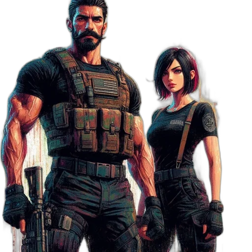 concept art, comic book art, cyberpunk, pixel art, two, tactical, operatives, one transparent PNG cut-out