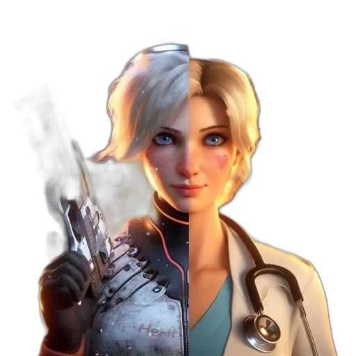 staff, weapon, face, jacket, concept art, cyberpunk, 3d render, comic book art transparent PNG cut-out