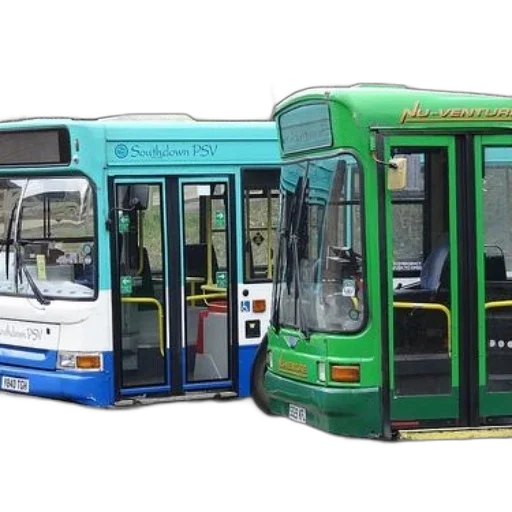 photorealistic, 3d render, concept art, two, buses, one, blue, white transparent PNG cut-out