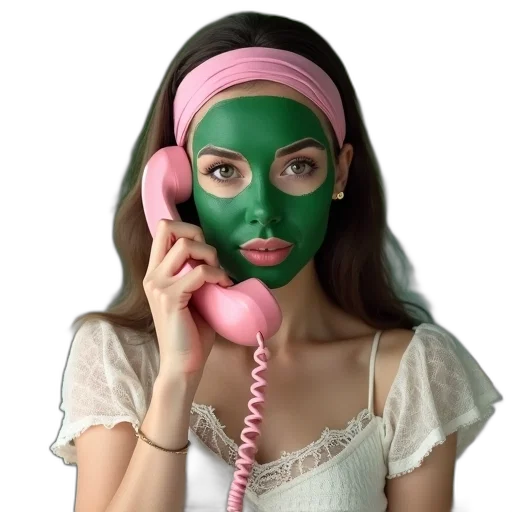 mask, face, green, woman, talking, pink, phone, wearing transparent PNG cut-out