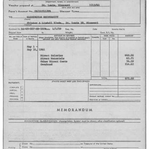 vintage, invoice, washington, university, dated, may, 1-31, 1961 transparent PNG cut-out