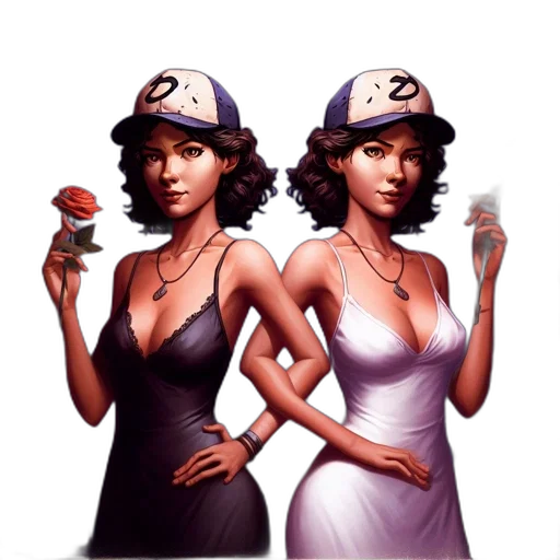 jewelry, concept art, pixel art, comic book art, cartoon, two, female, characters transparent PNG cut-out