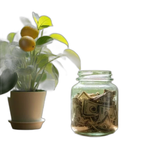 3d render, photorealistic, earth tones, money, jar, lemon, plants, window transparent PNG cut-out