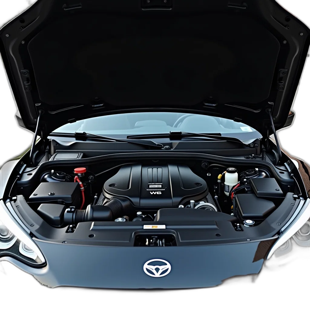 car, hood, open, revealing, engine, compartment, indicated, label transparent PNG cut-out