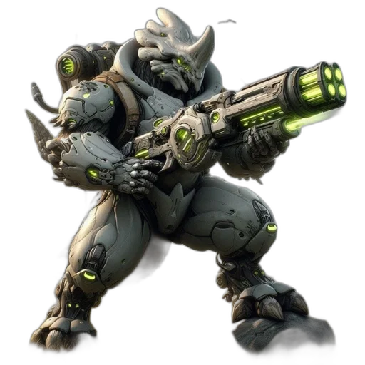 robot, weapon, creature, staff, concept art, fantasy art, 3d render, green transparent PNG cut-out