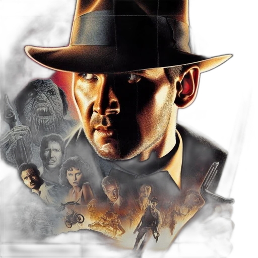 hat, comic book art, photorealistic, concept art, fire, poster, indiana, jones transparent PNG cut-out
