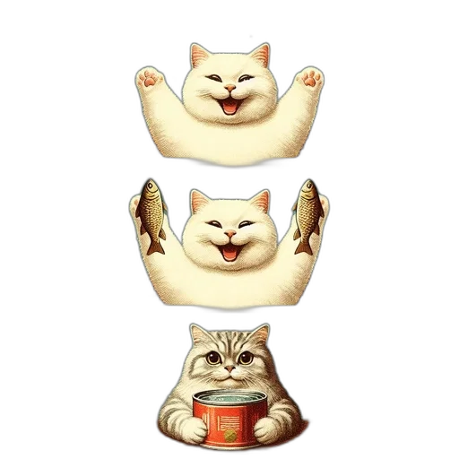 crown, 3d render, concept art, pixel art, cat, holds, fish, two transparent PNG cut-out