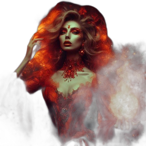 dress, crown, fantasy art, concept art, photorealistic, comic book art, fire, outer space transparent PNG cut-out