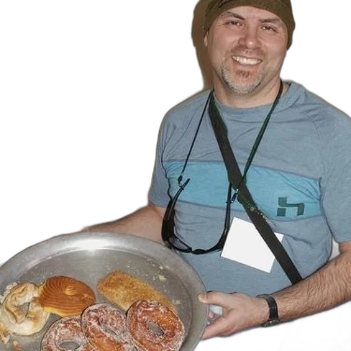 food, staff, hat, jacket, photorealistic, man, blue, shirt transparent PNG cut-out