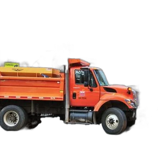 weapon, orange, dump, truck, driving, down, city, street transparent PNG cut-out