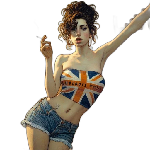 concept art, photorealistic, fantasy art, cartoon, woman, british, flag-themed, top transparent PNG cut-out