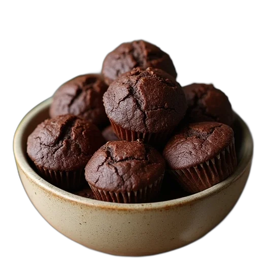 food, photorealistic, 3d render, dark, chocolate, zucchini, muffins, bowl transparent PNG cut-out