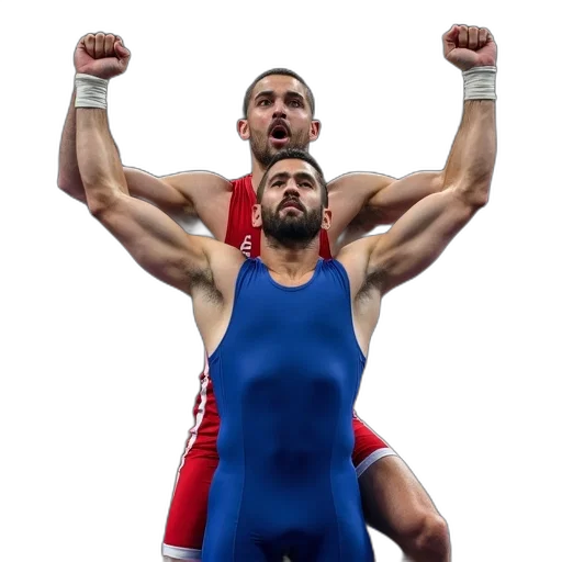 man, blue, wrestling, suit, red, white, uniform, celebrates transparent PNG cut-out