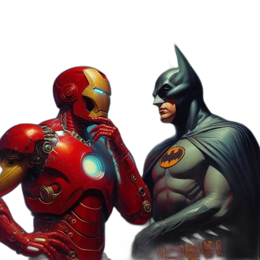 comic book art, concept art, fantasy art, photorealistic, iron, man, batman, stand transparent PNG cut-out