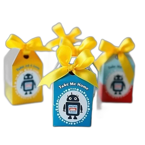 robot, 3d render, collection, party, favors, yellow, ribbon, tied transparent PNG cut-out