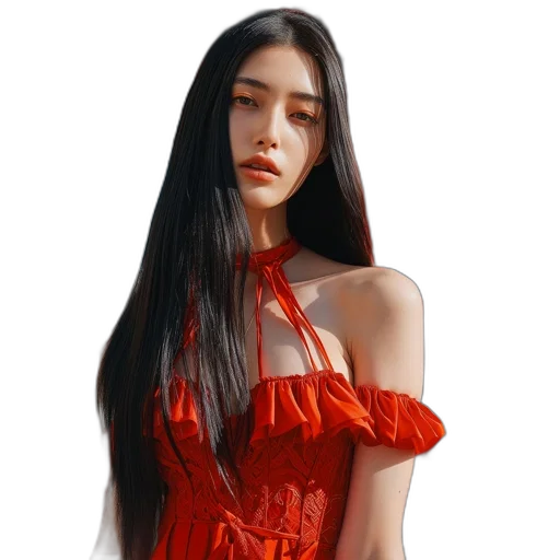 dress, hair, jewelry, face, photorealistic, oil painting, red, woman transparent PNG cut-out