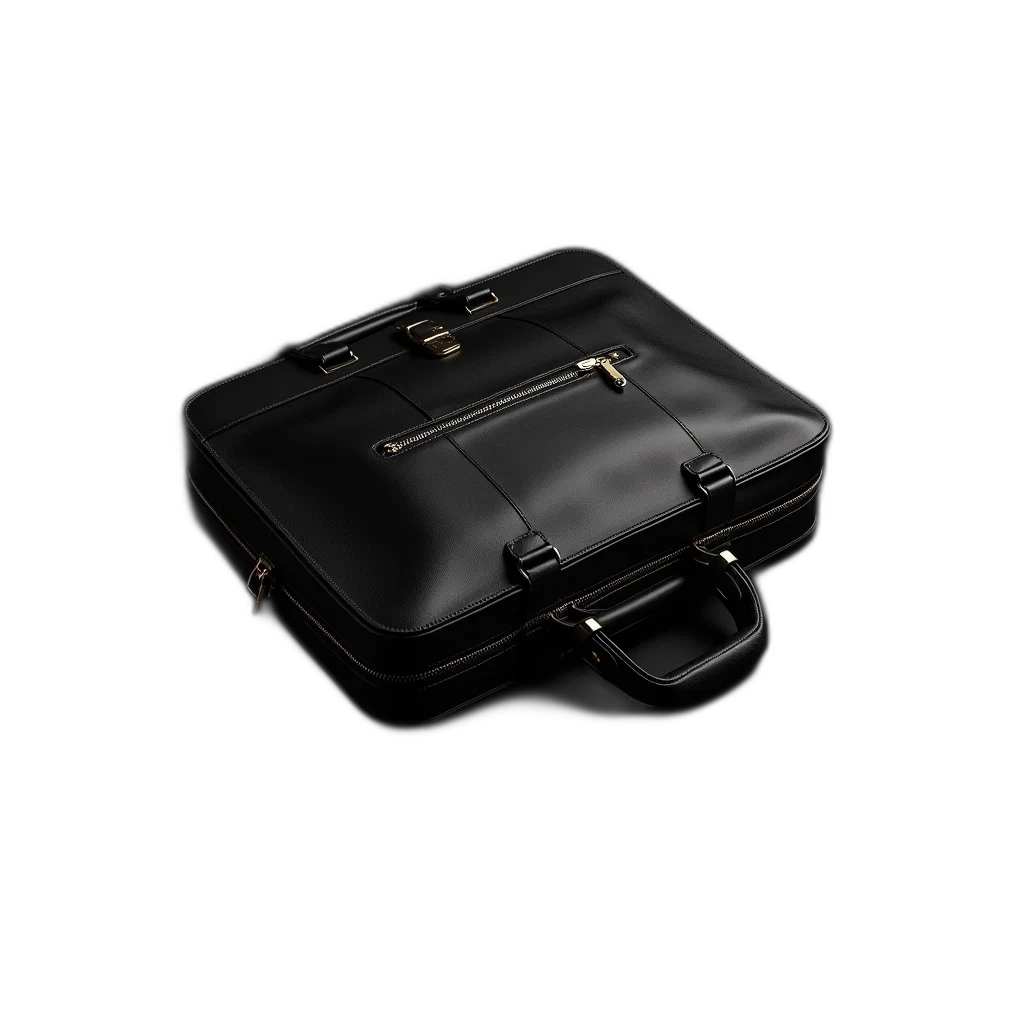 3d render, black, leather, briefcase, strap, buckle, closure, lying transparent PNG cut-out