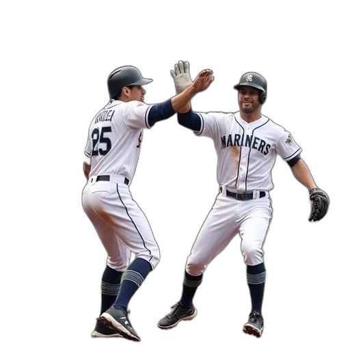 two, mariners, players, high, fiving, home, plate transparent PNG cut-out