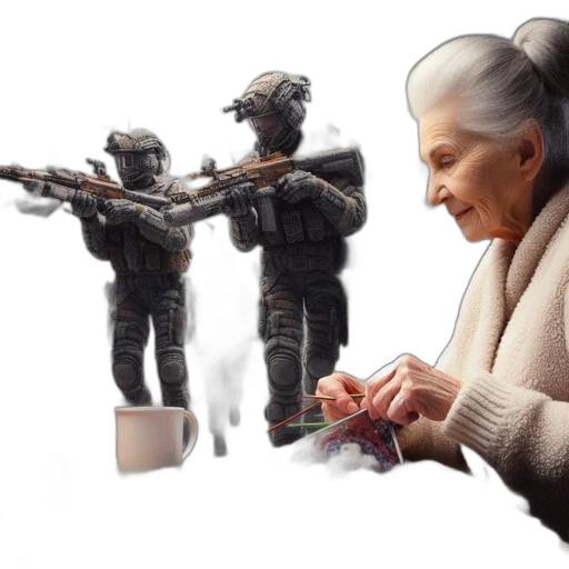 weapon, concept art, cyberpunk, 3d render, elderly, lady, wearing, glasses transparent PNG cut-out