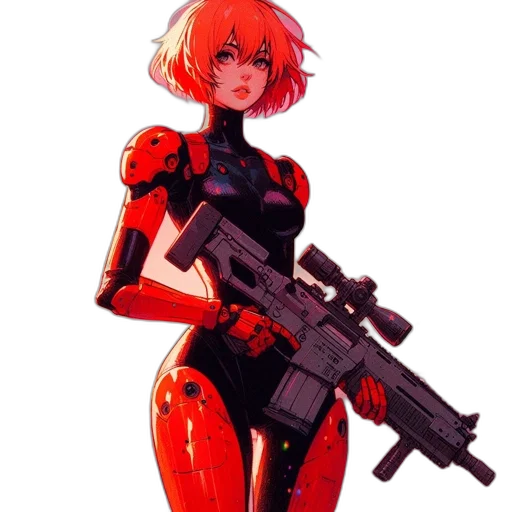 robot, weapon, concept art, cyberpunk, comic book art, pixel art, red, image transparent PNG cut-out