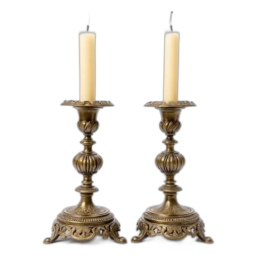 furniture, jewelry, pair, ornate, antique, brass, candlesticks, intricate transparent PNG cut-out