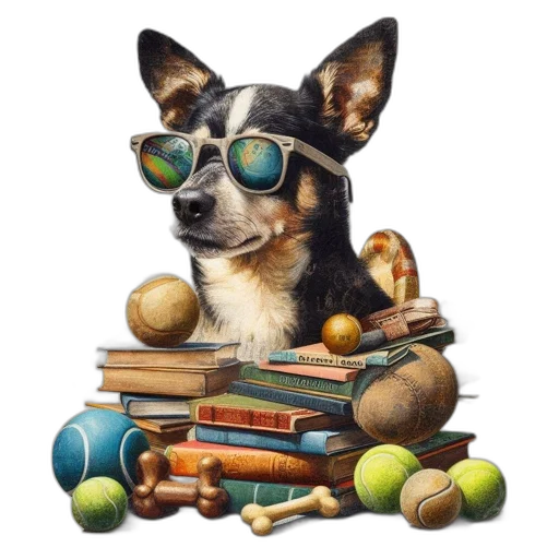 photorealistic, 3d render, anthropomorphized, dog, sunglasses, stands, amidst, array transparent PNG cut-out