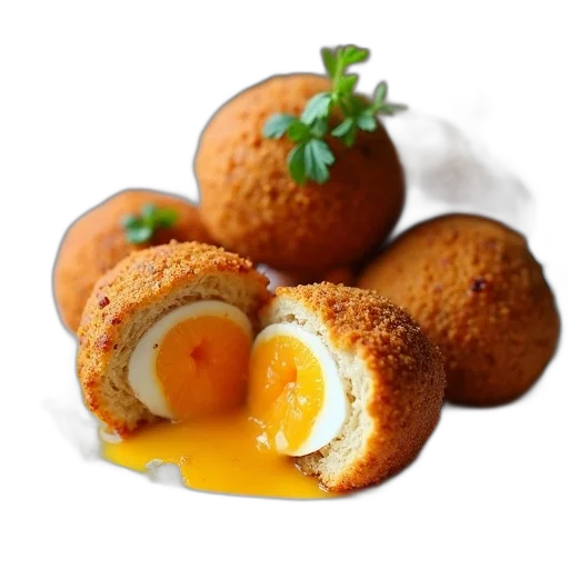 food, photorealistic, 3d render, scotch, eggs, recipe, apricot, sauce transparent PNG cut-out