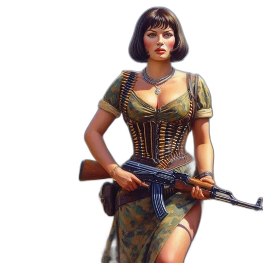 dress, weapon, concept art, comic book art, fantasy art, photorealistic, woman, camouflage transparent PNG cut-out
