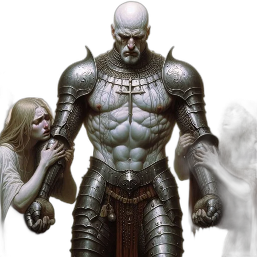 concept art, comic book art, fantasy art, monochrome, gothic, setting, towering, armored transparent PNG cut-out