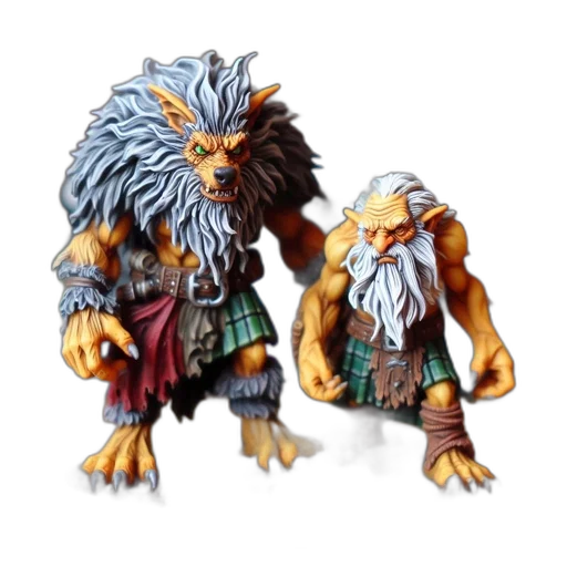 concept art, fantasy art, 3d render, two, figurines, sit, side-by-side, wolf-creature transparent PNG cut-out