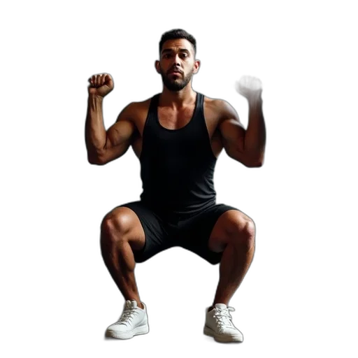 man, performing, squat, barbell, loaded, weights, gym, wearing transparent PNG cut-out
