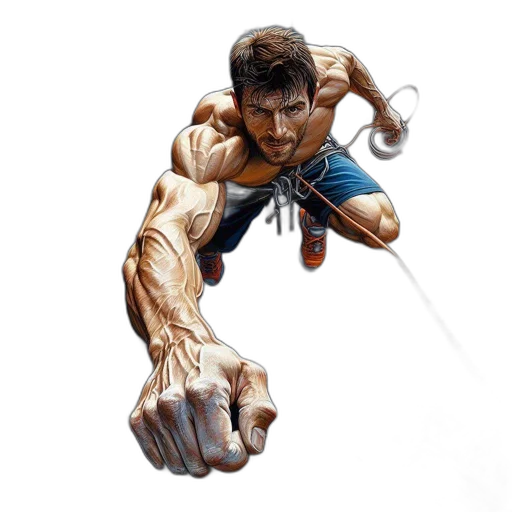 comic book art, concept art, photorealistic, fantasy art, muscular, man, mid-climb, grips transparent PNG cut-out