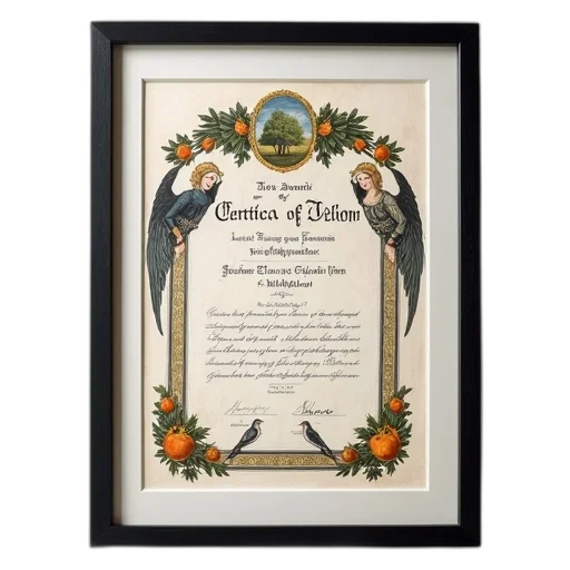 framed, certificate, decorative, border, featuring, various, illustrations, text transparent PNG cut-out