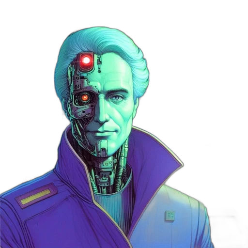 robot, face, jacket, staff, cyberpunk, comic book art, concept art, pixel art transparent PNG cut-out
