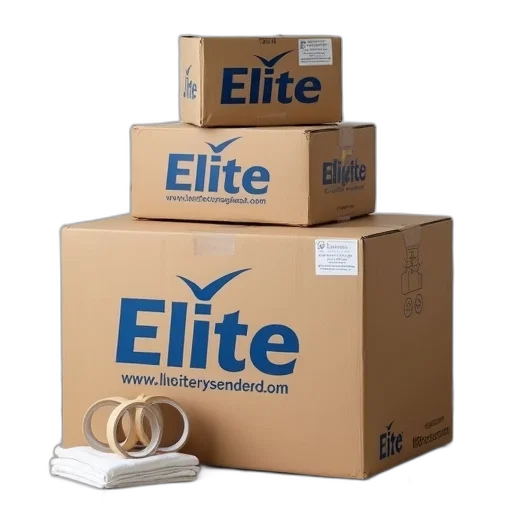 stack, cardboard, boxes, word, elite, printed, them, placed transparent PNG cut-out