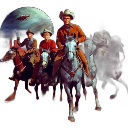 concept art, fantasy art, photorealistic, comic book art, city street, underwater, five, cowboys transparent PNG cut-out