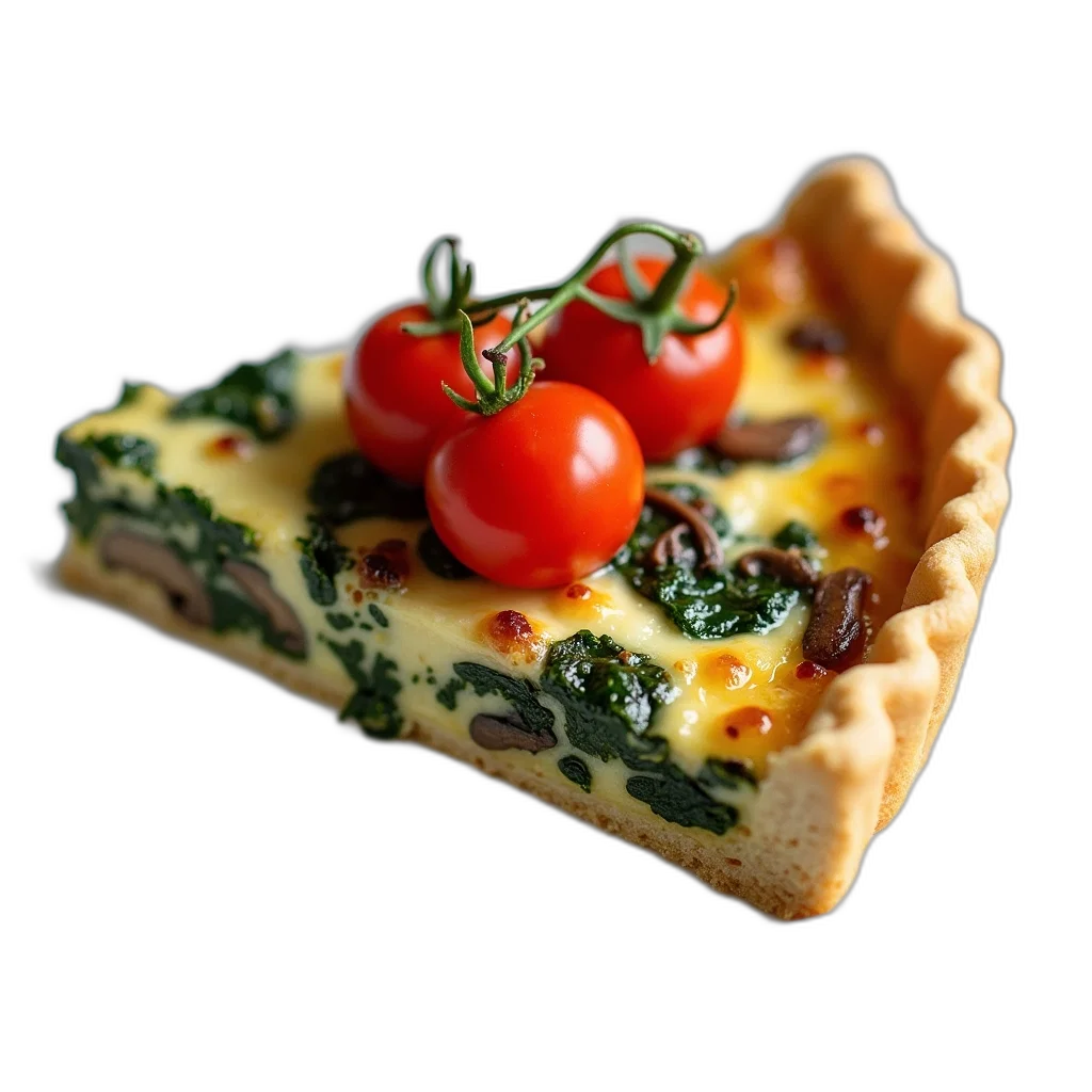 food, crown, 3d render, photorealistic, slice, quiche, golden-brown, crust transparent PNG cut-out