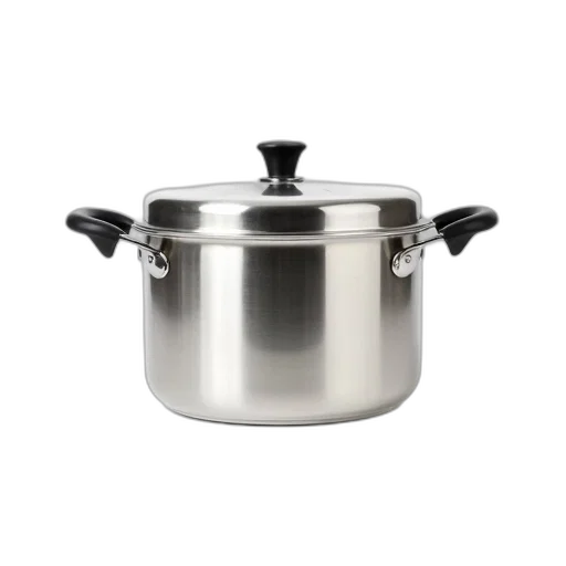 food, shiny, stainless, steel, pot, black, handle, displayed transparent PNG cut-out