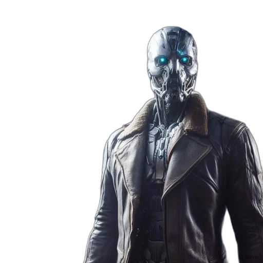 mask, robot, jacket, cyberpunk, concept art, 3d render, comic book art, metallic-headed transparent PNG cut-out