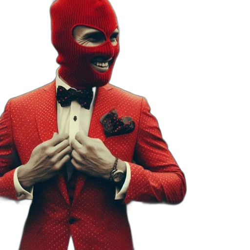 mask, jacket, concept art, red, woodland, setting, man, wears transparent PNG cut-out