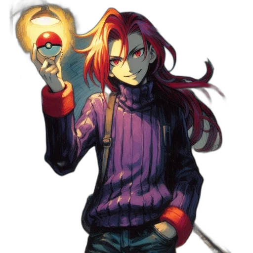 jacket, staff, weapon, concept art, pixel art, comic book art, anime, fire transparent PNG cut-out