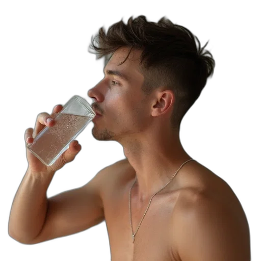 bottle, food, face, photorealistic, 3d render, young, man, drinking transparent PNG cut-out