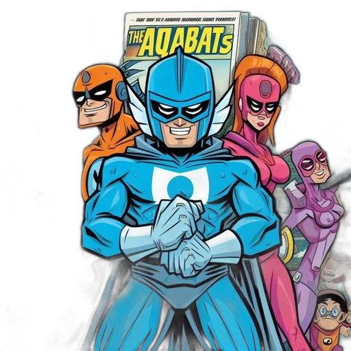 comic book art, concept art, aquabats, team, five, colorful, superheroes, gather transparent PNG cut-out