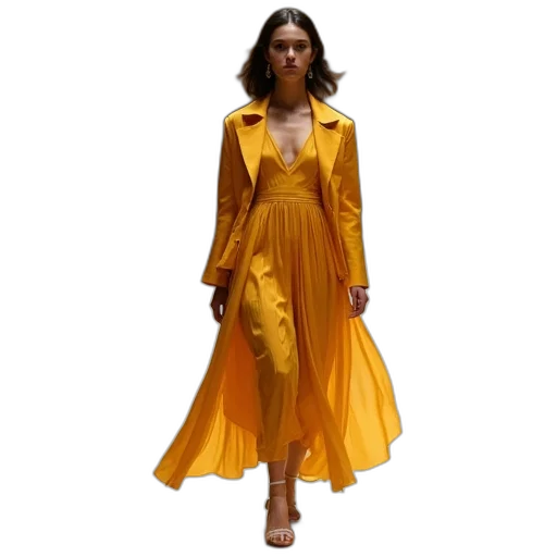 dress, jacket, golden, earth tones, colorful, neon, model, walks transparent PNG cut-out