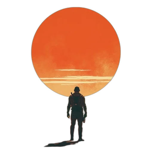 jacket, robot, staff, concept art, watercolor, pixel art, comic book art, sunset transparent PNG cut-out