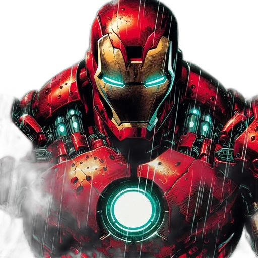 comic book art, concept art, red, iron, man, suit, glowing, arc transparent PNG cut-out