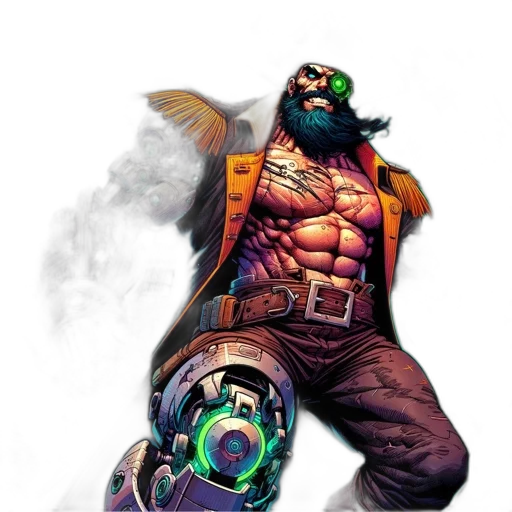 concept art, comic book art, fantasy art, muscular, pirate-themed, figure, mechanical, arm transparent PNG cut-out