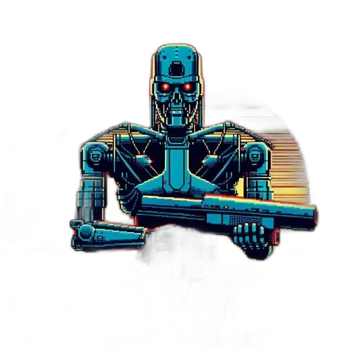 robot, weapon, jewelry, jacket, pixel art, cyberpunk, concept art, 3d render transparent PNG cut-out